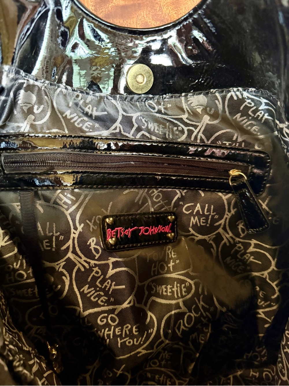 Betsey Johnson Pink and Light Blue Floral Tote with Black Patent Handles - Picture 4 of 5